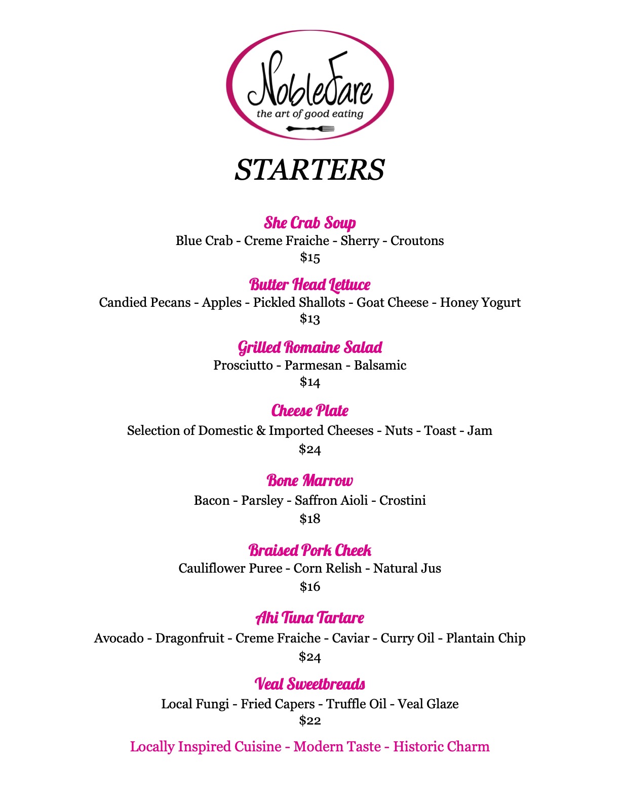 Noble Fare Starters Menu 2026