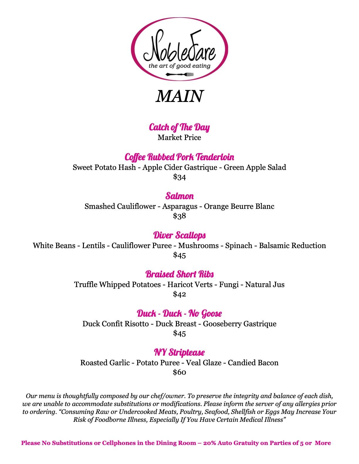 Noble Fare Main Menu 2026