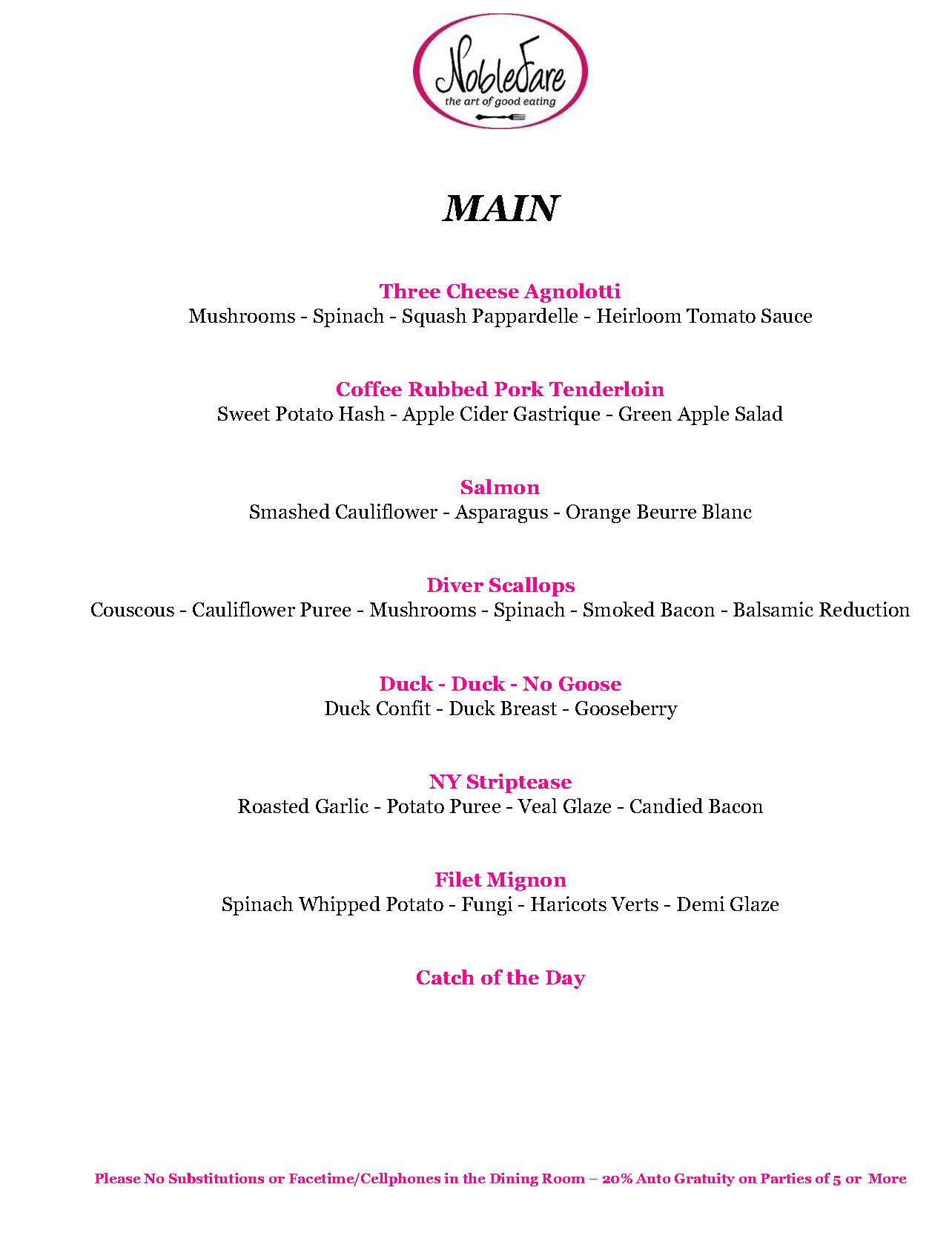 Noble Fare Main Menu 2025