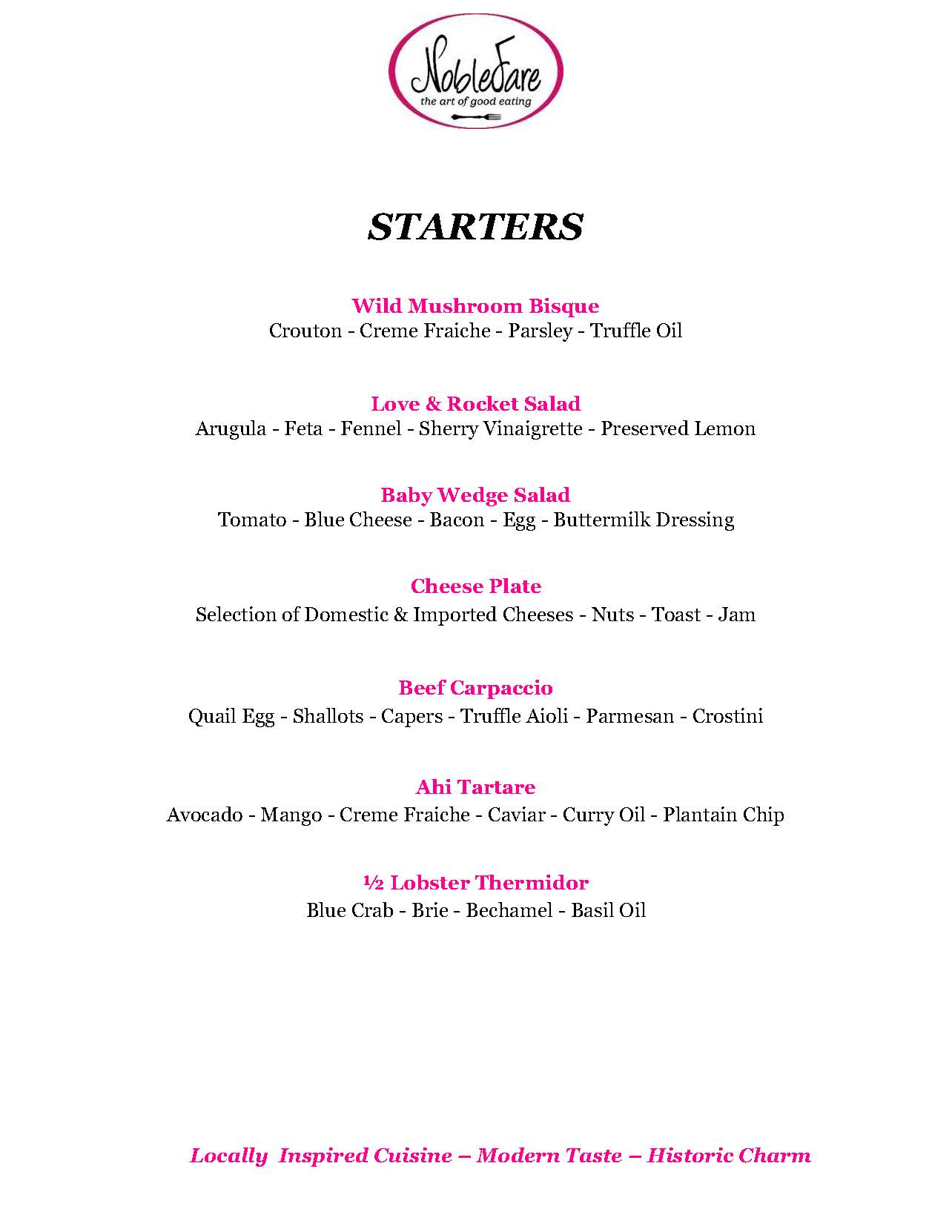 Noble Fare Starters Menu 2025